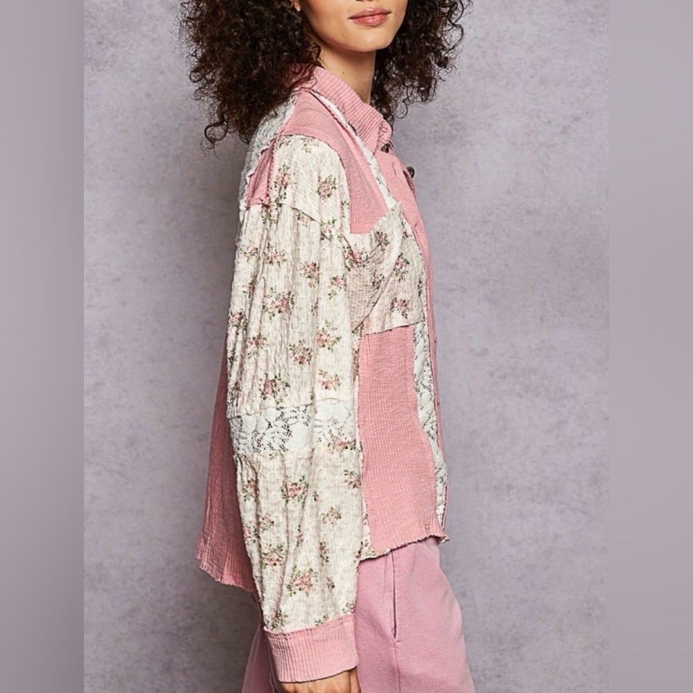 H175 New POL S pp24 Pink and Cream Patchwork detail Lace Button-Up Jacket Top - Picture 3 of 16